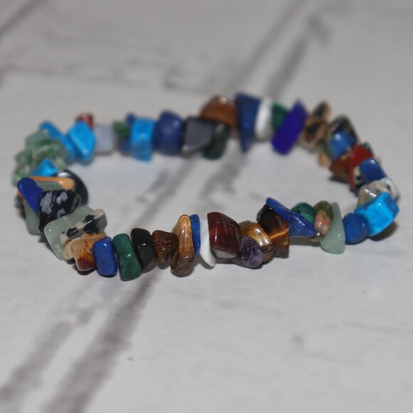 Mixed Natural Stone Beaded Bracelet | 7" Elastic | NWOT | Polished Gemstones - Picture 1 of 4